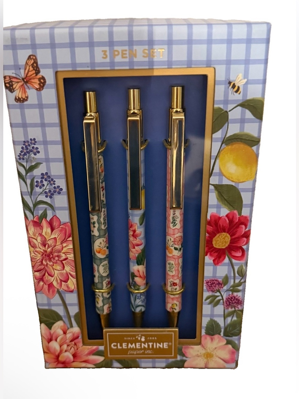Clementine 3-Piece Floral Pen Set - Black Ink NWT
